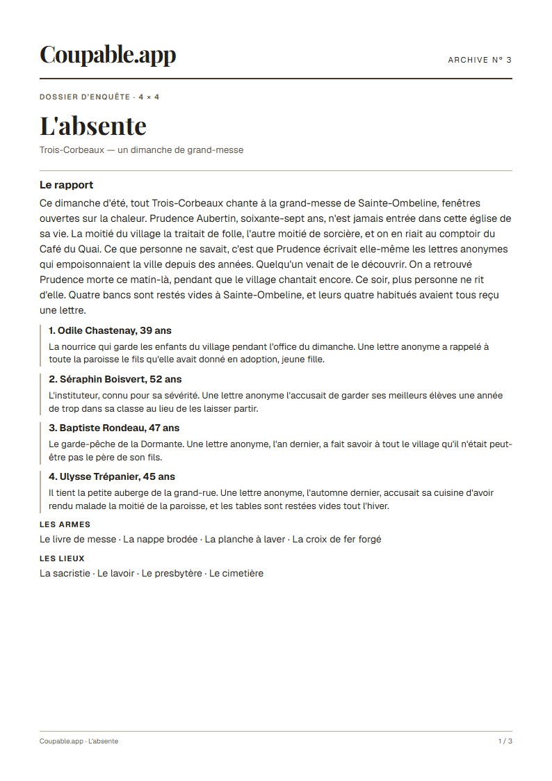 Première page du dossier « L'absente », sans solution