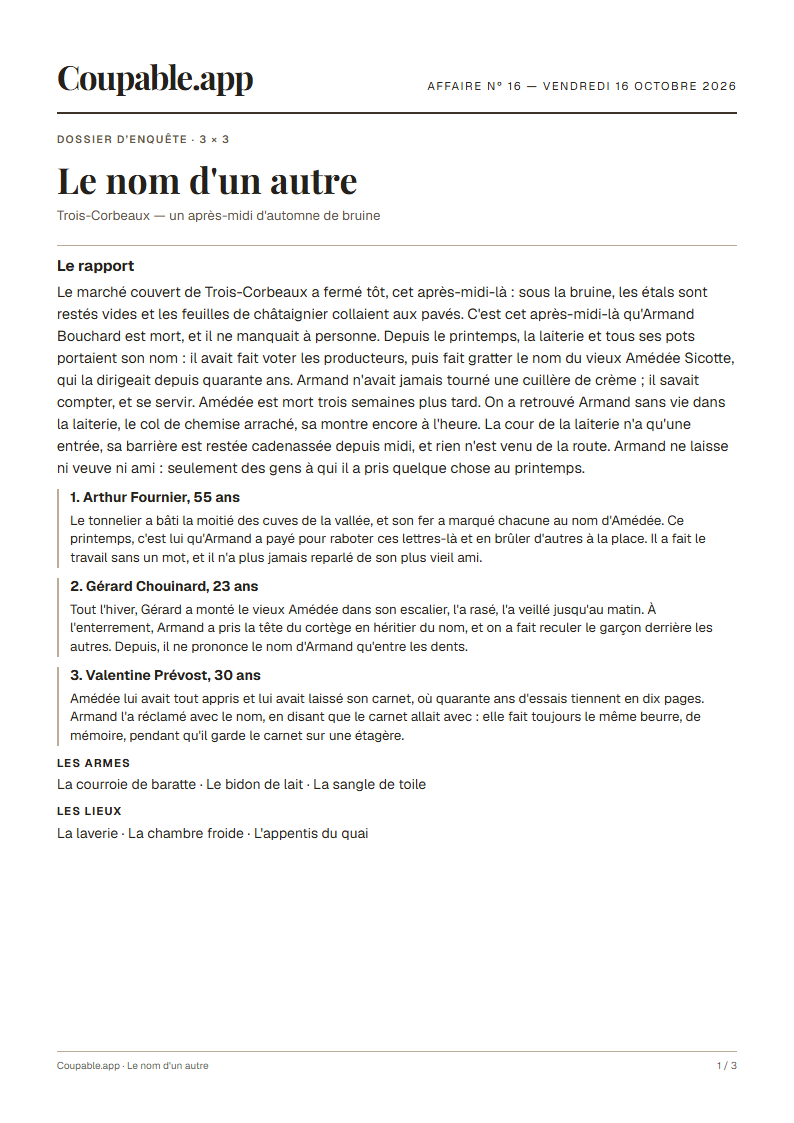 Première page du dossier « Le nom d'un autre », sans solution