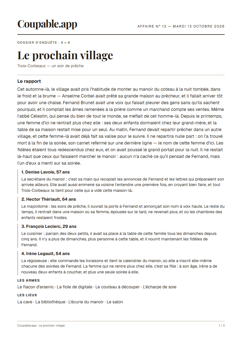 Première page du dossier « Le prochain village », sans solution