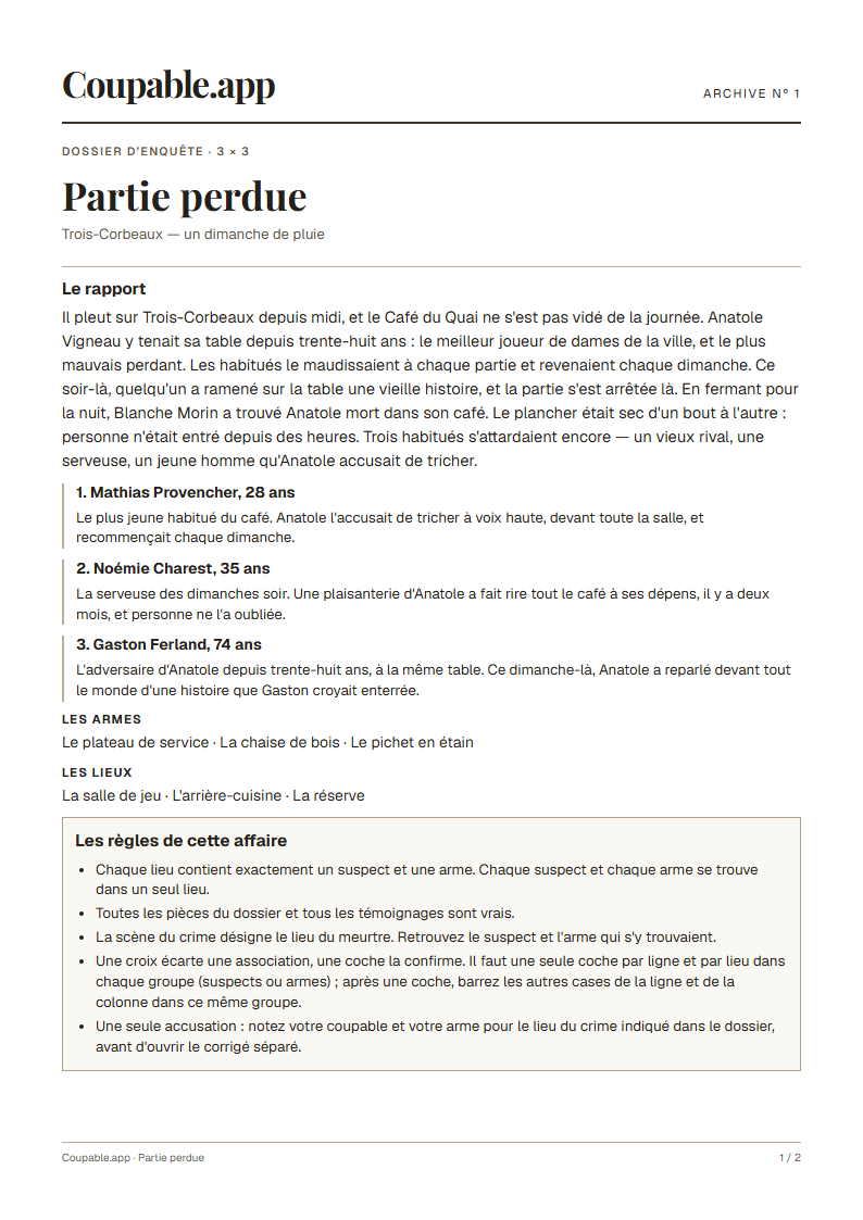 Première page du dossier « Partie perdue », sans solution