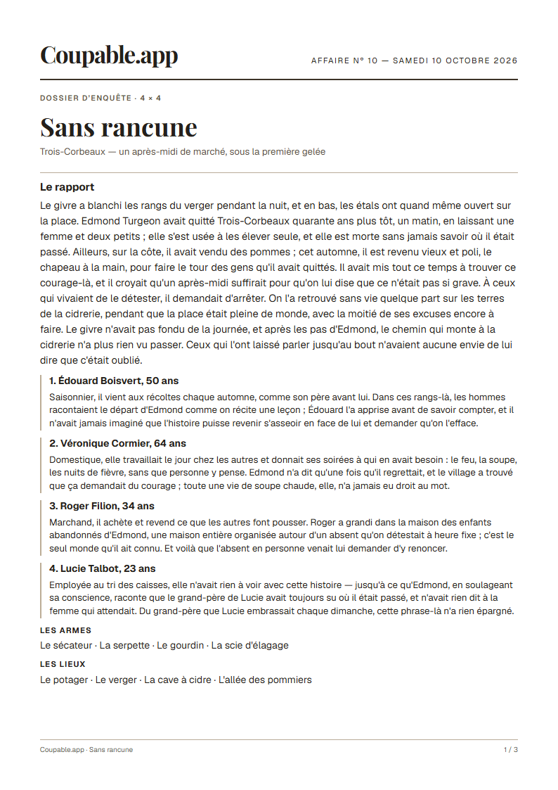 Première page du dossier « Sans rancune », sans solution