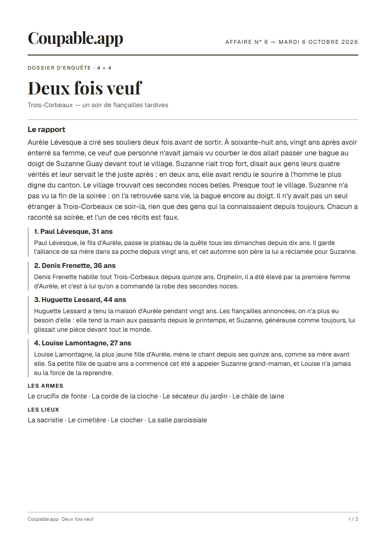 Première page du dossier « Deux fois veuf », sans solution