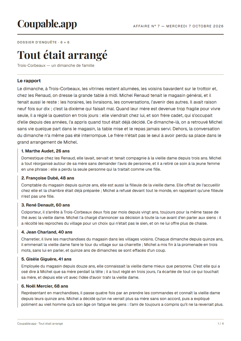 Première page du dossier « Tout était arrangé », sans solution