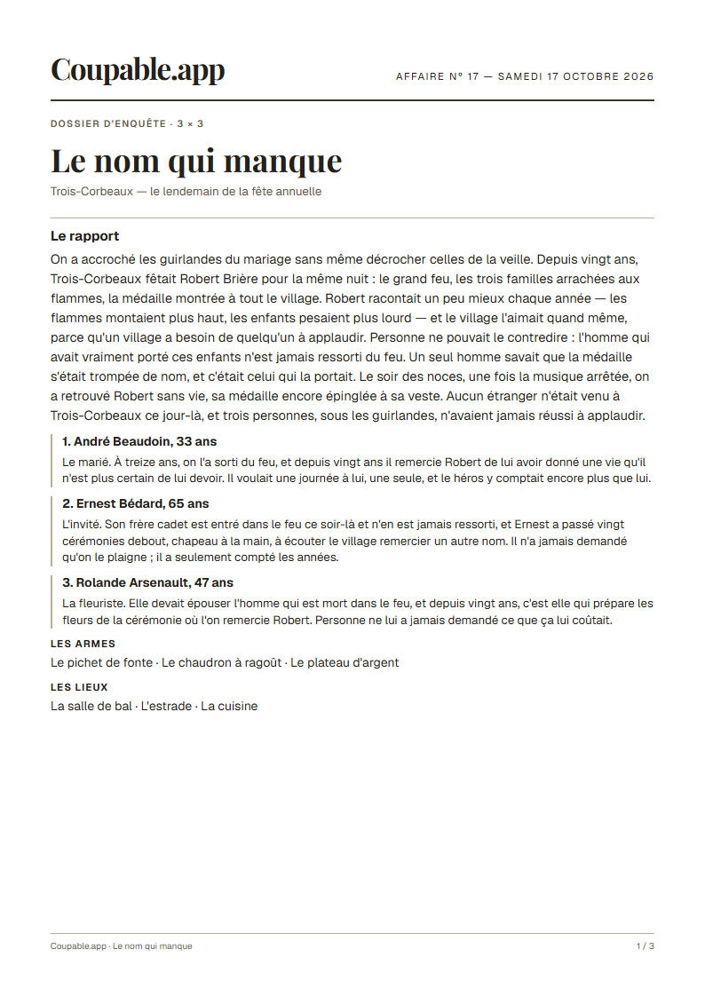 Première page du dossier « Le nom qui manque », sans solution