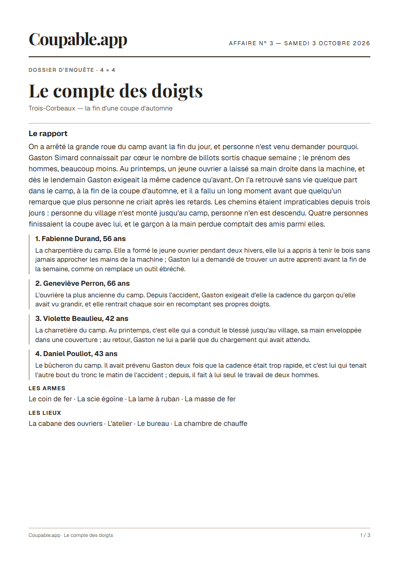 Première page du dossier « Le compte des doigts », sans solution