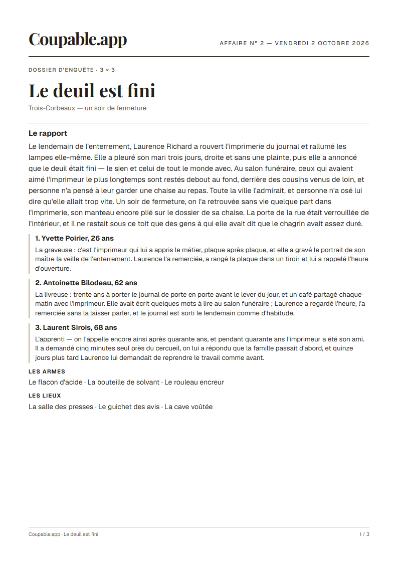 Première page du dossier « Le deuil est fini », sans solution