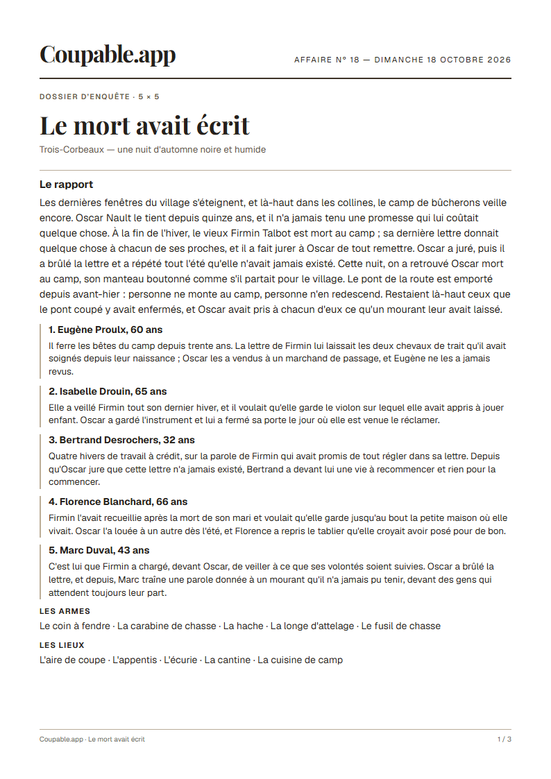 Première page du dossier « Le mort avait écrit », sans solution