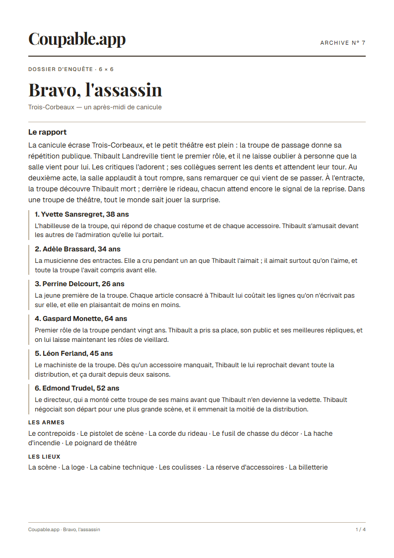 Première page du dossier « Bravo, l'assassin », sans solution