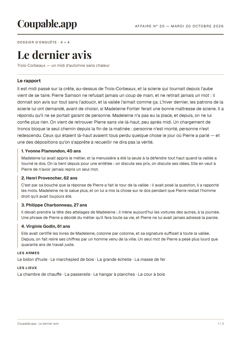 Première page du dossier « Le dernier avis », sans solution